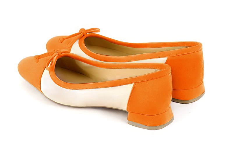 Apricot orange and gold women's ballet pumps, with low heels. Square toe. Flat flare heels. Rear view - Florence KOOIJMAN